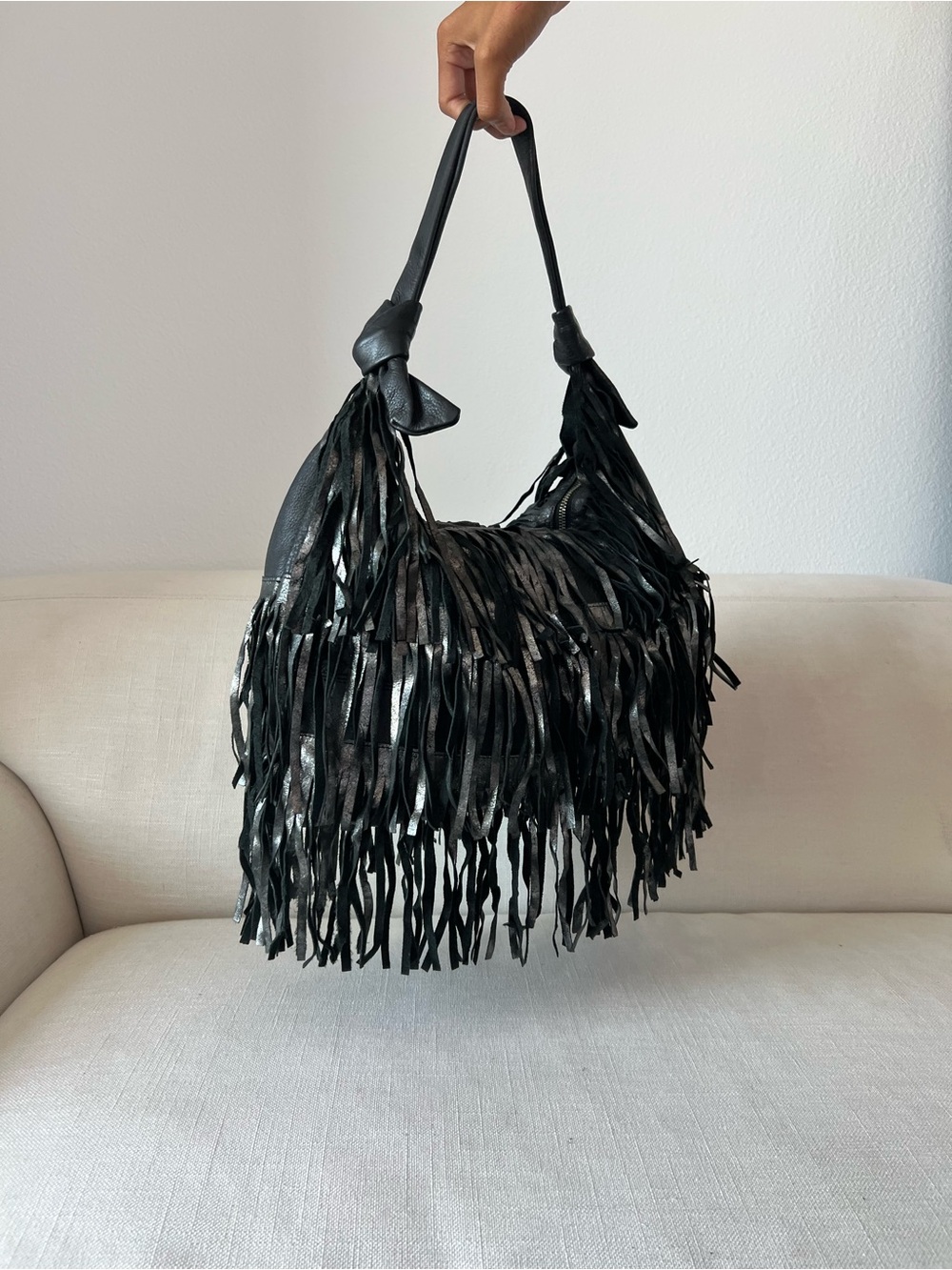 Oversized Leather Fringe Hobo Bag — Black